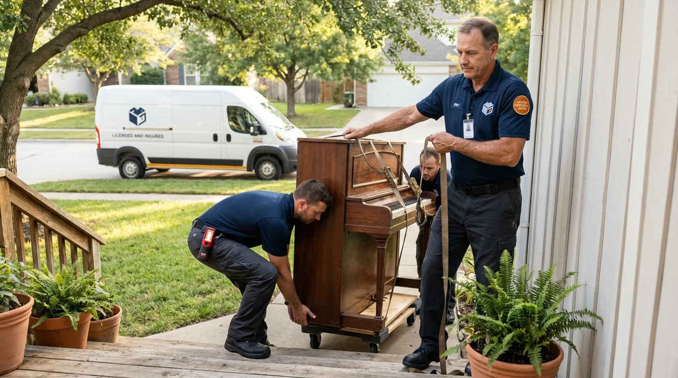 Licensed piano movers securing grand piano in McCleary, WA