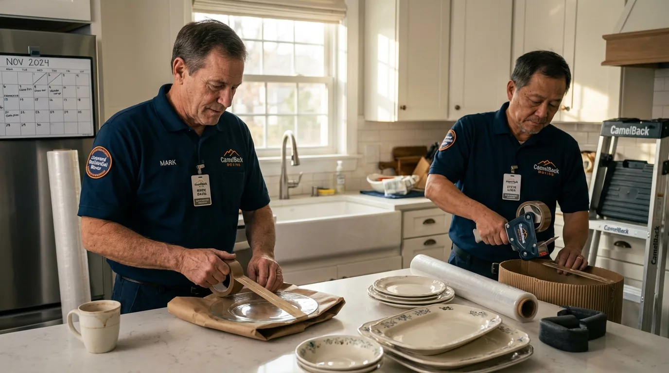 Professional crew packing kitchen dishware in McCleary, WA